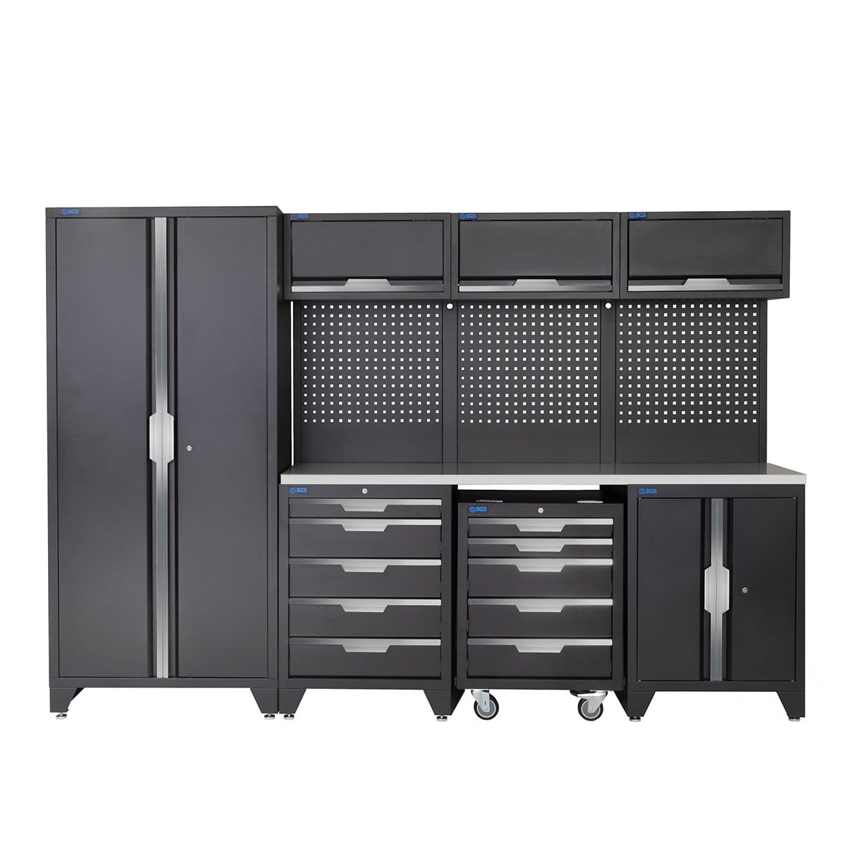 SGS 10pc Garage Storage System  | 10 Drawers | Stainless Steel Worktop | Tall Double Cabinet | Floor Cabinet | Mobile Tool Cabinet